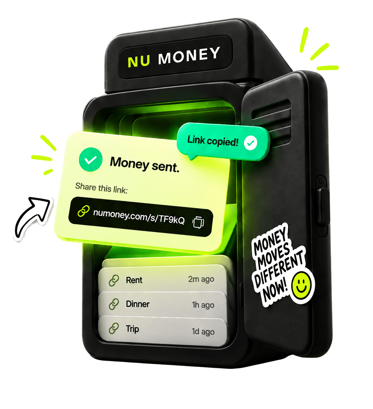 NU MONEY payment terminal showing a successful claim link